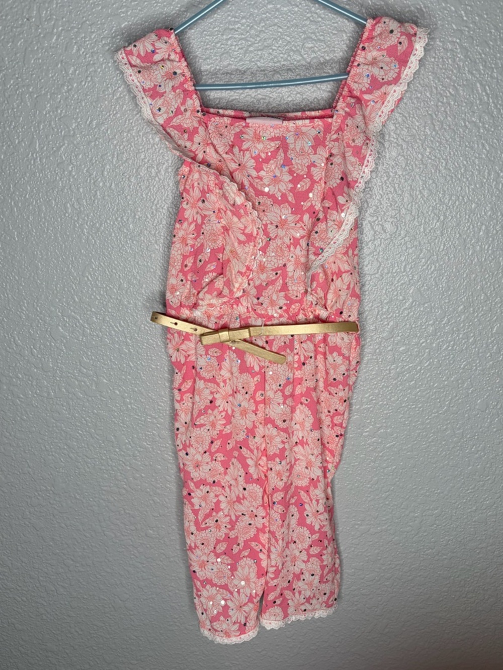 NWT Little Lass Coral Pink Floral Lace-Trim Romper size 4T